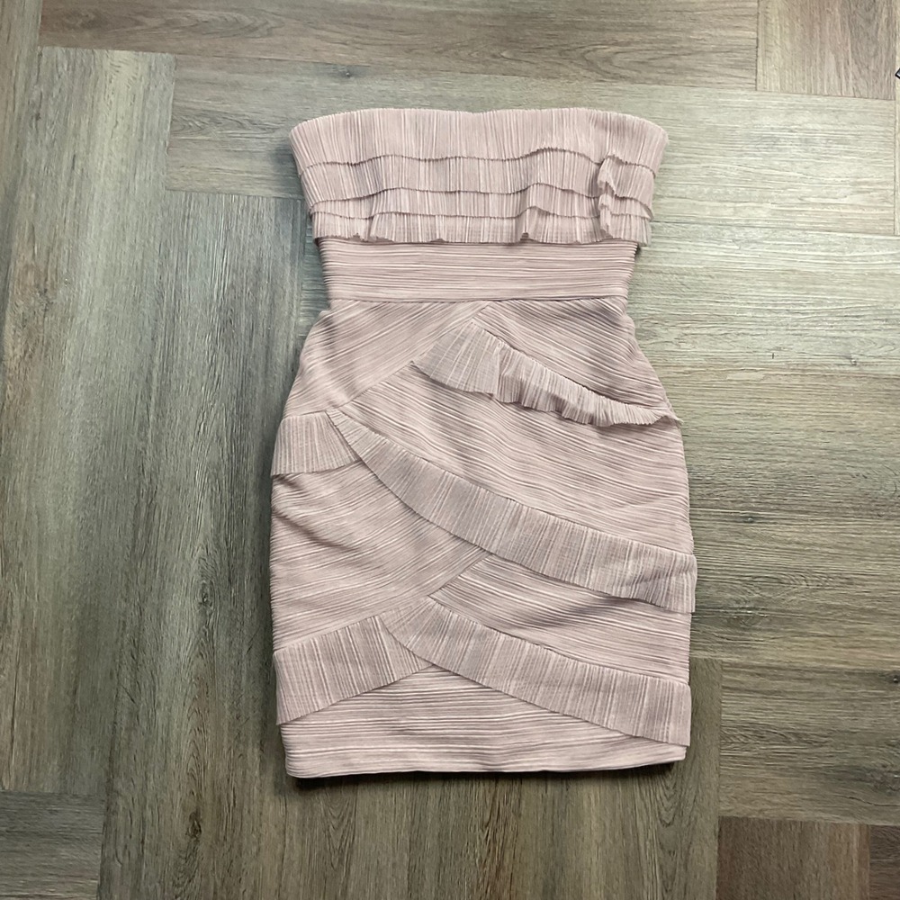 BCBGMAXAZRIA Jorie Strapless Pleated Ruffle Mini Dress‎ 2 Sepia Pink Classy